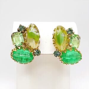 Vintage Green Glass Clip Earrings, Cupcake Setting, Mid-Century Jewelry